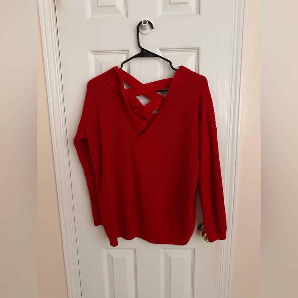 Red Crisscross Back Knit Sweater-size M - Picture 4 of 4